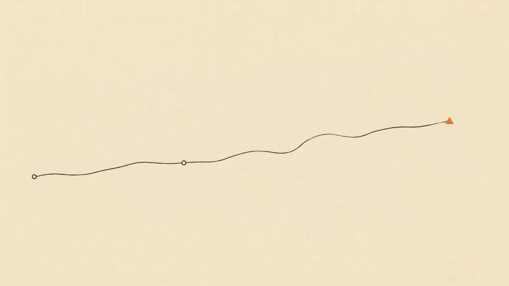 A hand-drawn route over faint contour lines: two waypoints leading to a marked summit.